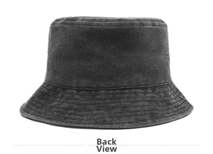 Detail view of dark grey washed denim bucket hat with parallel reinforced stitching on brim