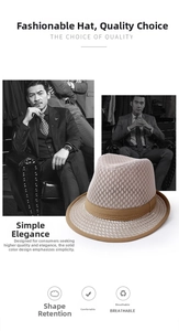 Detail of breathable beige mesh fedora hat featuring a stylish brown decorative band