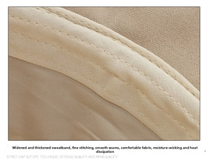 Detail of reinforced inner sweatband with fine stitching on beige foldable sun hat