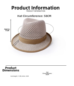 Mesh fedora hat details showing dimensions 11cm height 5cm brim and 58cm circumference