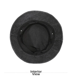 Detail view showing inner lining and stitching of washed canvas bucket hat in dark grey