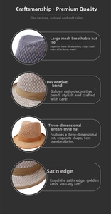 Detail view of the 5cm brim and breathable large mesh weave on a beige fedora hat