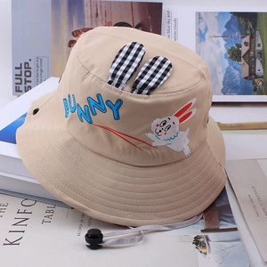 Children's beige sun hat with 3D bunny ears and adjustable windproof strap for beach