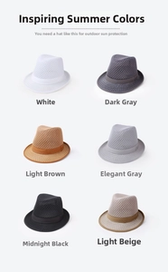 Close-up of summer mesh sun hats in six colors including grey, black and beige
