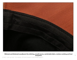 Detailed macro view of the internal sweatband and breathable orange fabric of the sun hat
