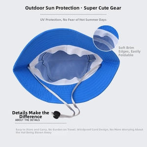 Detail of blue toddler sun hat showing mesh lining, foldable brim and adjustable chin strap