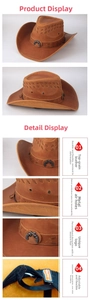 Detail of crazy horse leather western hat with metal eyelets and decorative emblem