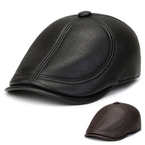 Men's Winter Flat Cap Faux Leather Woolen Newsboy Hat With Ear Protection Warm Windproof Cabbie Ivy Cap For Elderly Men