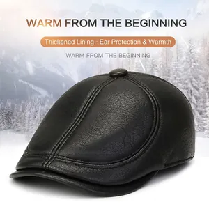 Winter faux leather baseball cap for men with ear flaps and thick lining for cold weather