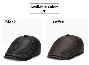 Classic men's peaked caps in black and coffee brown leather with lychee texture detail