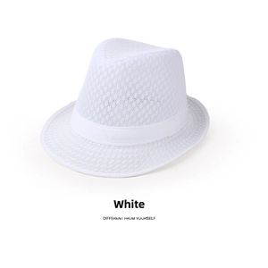 Close-up of white mesh fedora hat showing breathable polyester fabric and ribbon