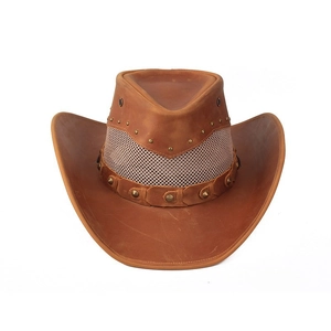 Brown crazy horse leather cowboy hat with breathable mesh and vintage rivets detail