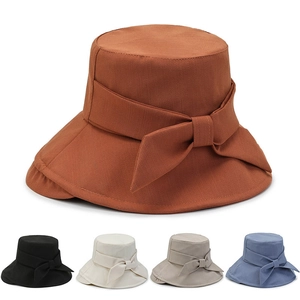 Women's Summer Sun Protection Bucket Hat Cotton Polyester Large Bowknot Wide Brim Foldable Solid Color Casual Beach Sun Hat