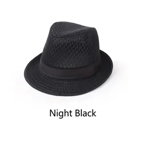 Detail of dark black breathable mesh fedora hat with a stylish matching decorative ribbon