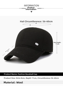 Detail view of winter woolen cap with dimensions 8cm brim, 11cm depth, and 56-60cm circumference
