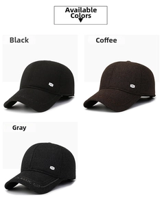 Three winter baseball caps in black, coffee, and grey with classic embroidery and ear flaps