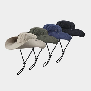 Detail view of wide brim sun hats in four colors with windproof ropes and metal vents