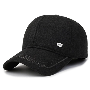 Black winter wool blend baseball cap with ear protection and classic embroidery for men