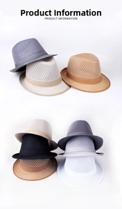 Detailed display of summer breathable mesh fedora hats in various colors with ribbon bands