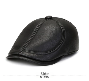 Side view of black faux leather duckbill cap with classic stitching and top button detail