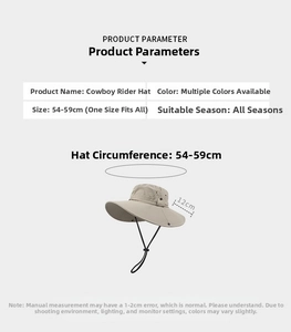 Size chart for cowboy sun hat showing 54-59cm circumference and 12cm wide brim details