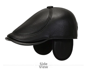 Side view of black faux leather flat cap with foldable earflaps and detailed stitching
