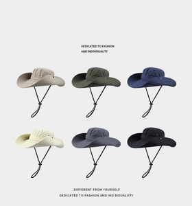 Outdoor sun hats in six colors with wide brims and adjustable drawstrings for hiking
