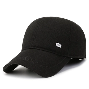 Winter black wool baseball cap with fleece lining and ear flaps for men windproof style