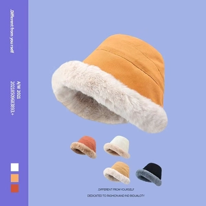 Winter Warm Plush Trim Bucket Hat Women Men Thick Polyester Faux Fur Wide Brim Foldable Fisherman Cap Outdoor Casual Hat