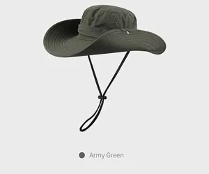 Army green wide brim sun hat with adjustable drawstring and foldable side buttons