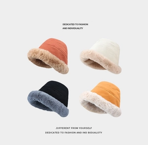 Selection of plush brim fisherman hats in brick red, beige, black and ginger yellow colors