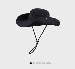 Detail of black wide brim sun hat featuring metal eyelets and adjustable chin strap