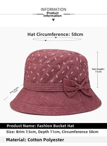 Dimensions détaillées du chapeau soleil bordeaux avec imprimé plume et nœud