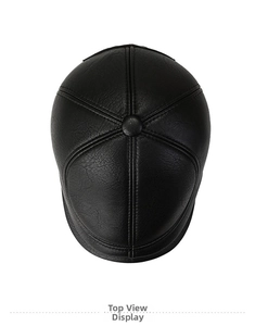 Top down view of black faux leather baseball cap with detailed stitching and crown button
