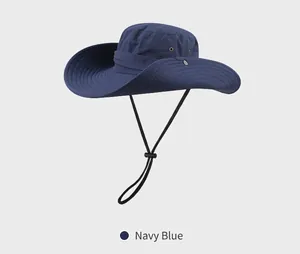 Macro detail of navy blue wide-brim sun hat with adjustable chin strap and vent holes