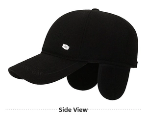 Detail of winter men's cap with warm ear flaps and silver metallic logo plaque