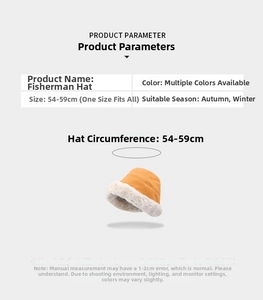 Detailed size guide for winter bucket hat featuring head circumference 54-59cm and material spec