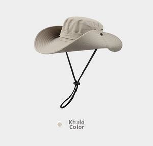 Detail of khaki wide brim sun hat with adjustable windproof drawstring and side vents