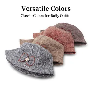 Chic women's twill bucket hats with bow and pearl detail in four autumn colors