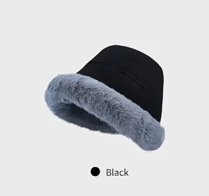 Winter double-sided fleece bucket hat for women with plush warm brim in black and grey