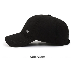 Detail view of winter baseball cap with classic side metal plate and embroidery