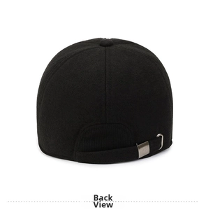 Detailed back view of winter wool baseball cap featuring adjustable silver metal buckle