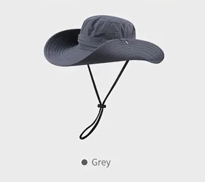 Detailed view of grey wide brim sun hat with adjustable drawstring and metal air vents