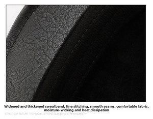 Macro detail of widened sweatband and leather texture on a winter peaked cap