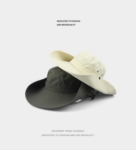 Detail of wide brim outdoor sun hats in beige and dark green with waterproof nylon texture