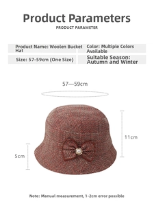 Size chart for women's wool cloche hat with dimensions for crown height and brim width