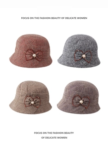 Detail of tweed bucket hats featuring side bow knots and elegant pearl decorations