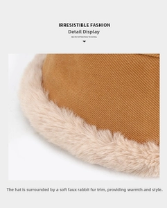 Detail shot of the khaki knit hat with soft faux rabbit fur trim for winter warmth