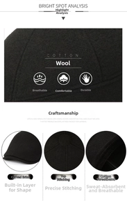 Detailed view of black wool flat cap featuring breathable fabric and precision stitching