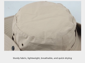 Close-up of quick-dry khaki sun hat fabric showing breathable mesh eyelets and stitching